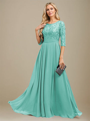 A-Line Scoop Floor-Length Lace Chiffon Mother Of the Bride Dress With Sequins Applique