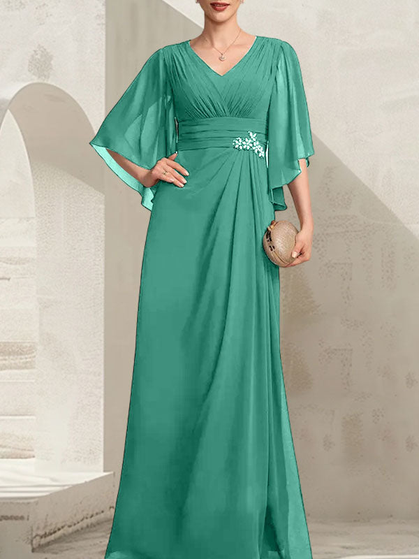 Vestido de corte recto/columna, escote en V, largo hasta el suelo, de gasa, para la madre de la novia, con lentejuelas plisadas y pedrería.