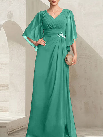 Sheath/Column V-Neck Floor-Length Chiffon Mother of the Bride Dress With Pleated Sequins Beading