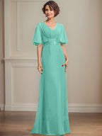 Vestido de corte A, escote en V, largo hasta el suelo, de gasa, para la madre de la novia, con apliques de lentejuelas plisadas y encaje.