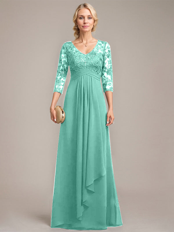 Vestido de novia de corte línea A, escote en V, largo hasta el suelo, de gasa de encaje con volantes en cascada y lentejuelas. 