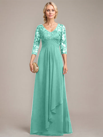 A-line V-Neck Floor-Length Lace Chiffon Mother of the Bride Dress With Cascading Ruffles Sequins