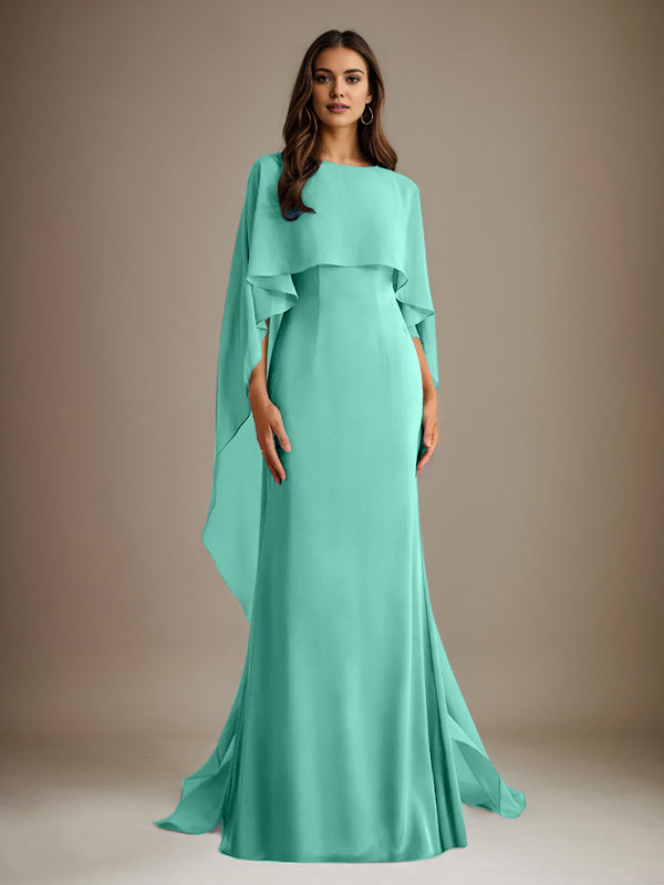 Vestido de gasa de corte recto/columna, escote barco y largo hasta el suelo, para la madre de la novia, con volantes en cascada. 