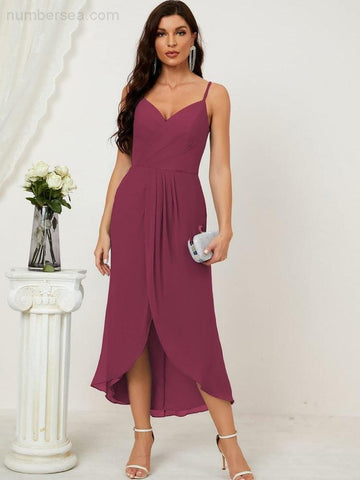 Vestido de dama de honor de gasa con escote en V y abertura media, vestido formal de fiesta, vestido de bienvenida 2803 