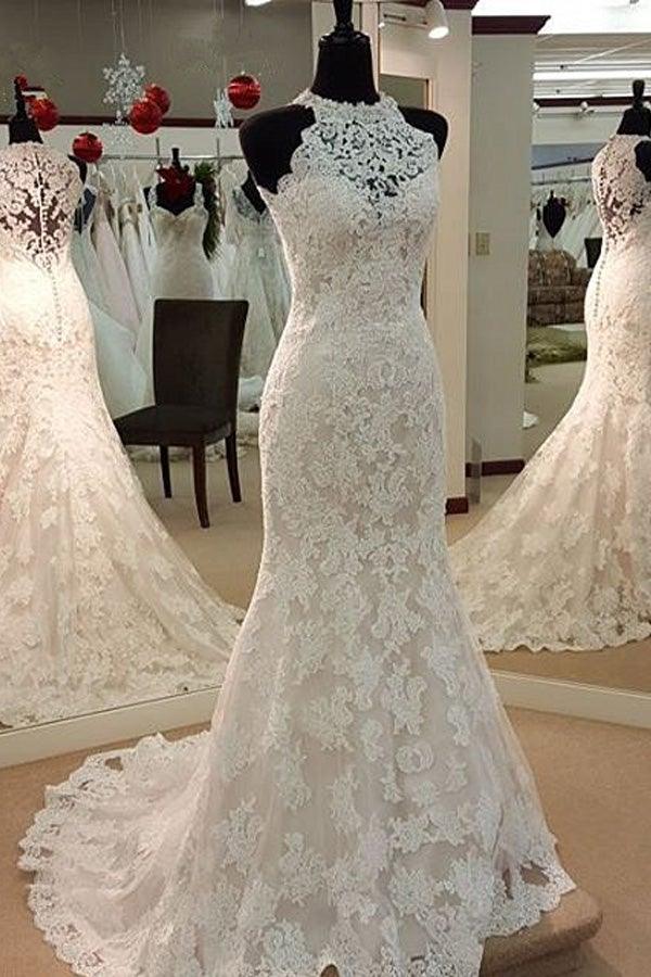 Robe de mariée sirène sans manches à col rond et applications de dentelle WD182
