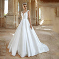 Robe de mariée en satin, nouvelle collection, manches courtes, col en V, ceinture perlée au dos, coupe trapèze