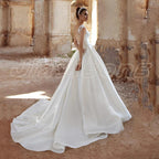 Robe de mariée en satin, nouvelle collection, manches courtes, col en V, ceinture perlée au dos, coupe trapèze