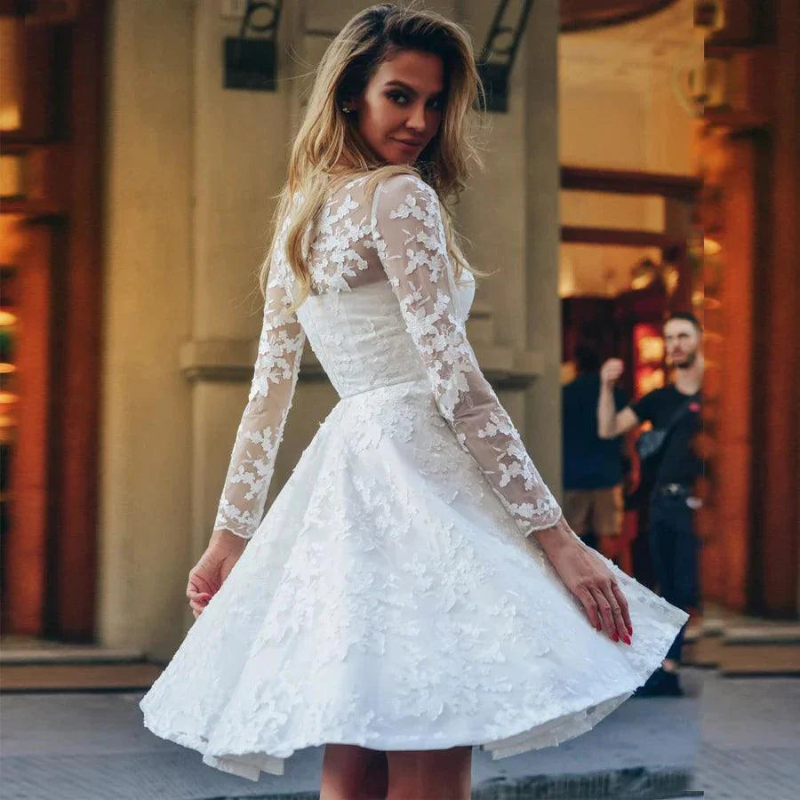 Vestidos de novia cortos hechos a medida, mangas largas, apliques de flores, cremallera, corte A, vestido de novia de encaje 