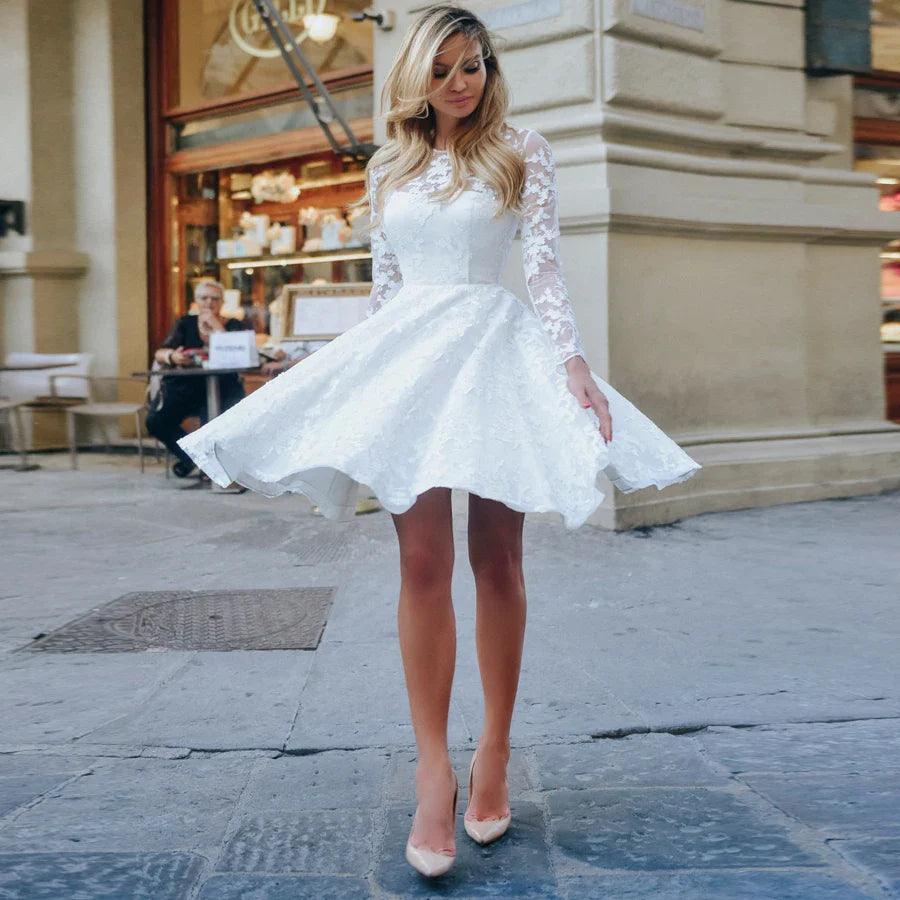 Vestidos de novia cortos hechos a medida, mangas largas, apliques de flores, cremallera, corte A, vestido de novia de encaje 