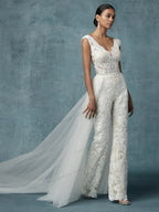 Robes de mariée avec traîne amovible, tailleur pantalon, dentelle appliquée, sans manches, dos nu, sur mesure 