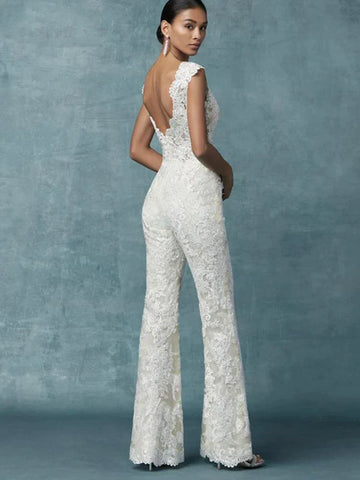 Wedding Dresses With Detachable Train Bride Pants Suit Lace Appliqued Sleeveless Women Brides Outfits Backless Custom