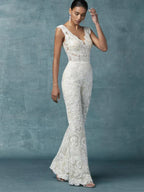 Robes de mariée avec traîne amovible, tailleur pantalon, dentelle appliquée, sans manches, dos nu, sur mesure 