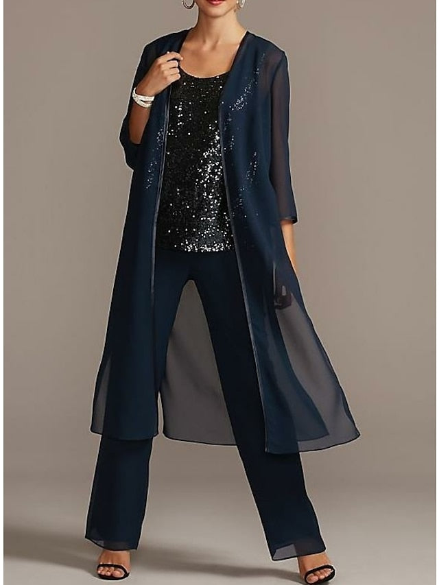 Tailleur-pantalon en mousseline à col rond pour la mère de la mariée 