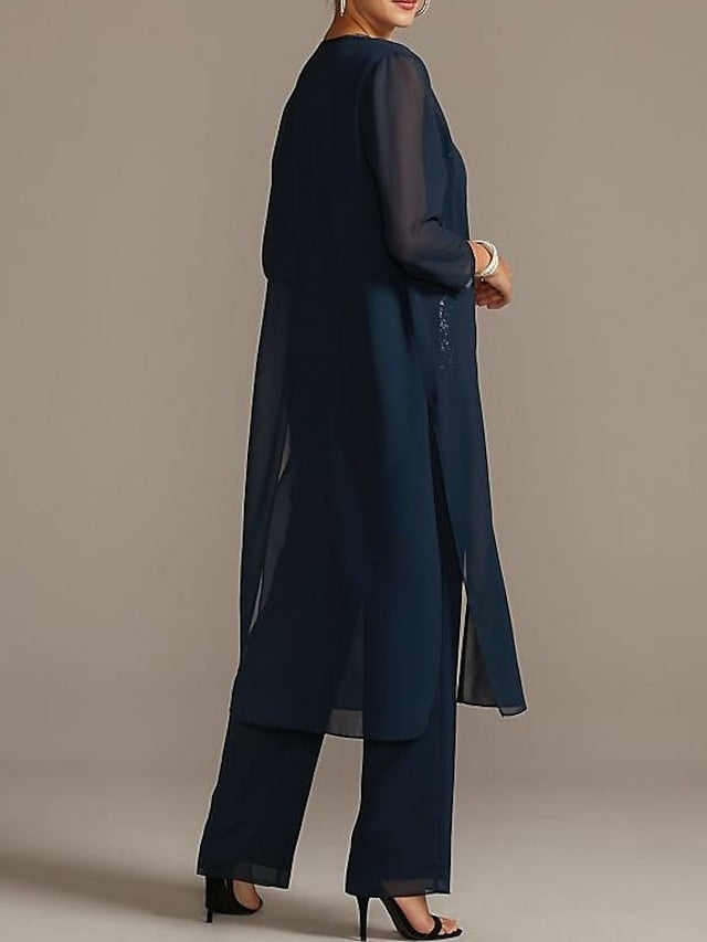 Trajes de pantalón de gasa con escote redondo para la madre de la novia 