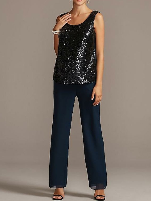 Tailleur-pantalon en mousseline à col rond pour la mère de la mariée 