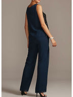 Tailleur-pantalon en mousseline à col rond pour la mère de la mariée 
