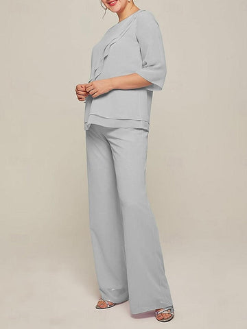 Jumpsuits Scoop Half Sleeves Chiffon Mother Of The Bride Pantsuits with Ruffles