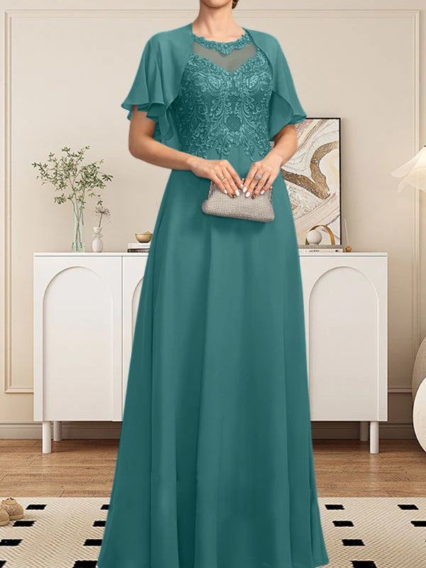 Robe de mère de la mariée en mousseline de dentelle, coupe trapèze, décolleté illusion, longueur au sol, ornée de sequins