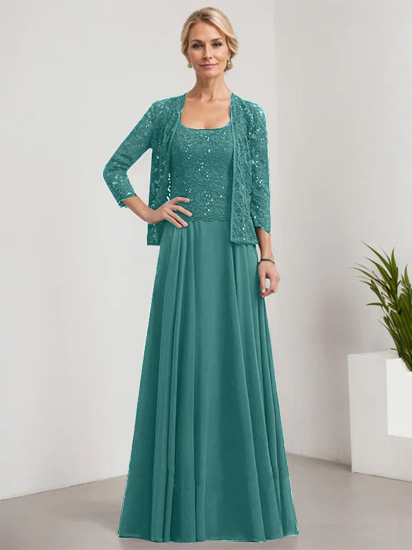 Vestido de corte A, cuadrado, largo hasta el suelo, de encaje y gasa con lentejuelas para la madre de la novia 