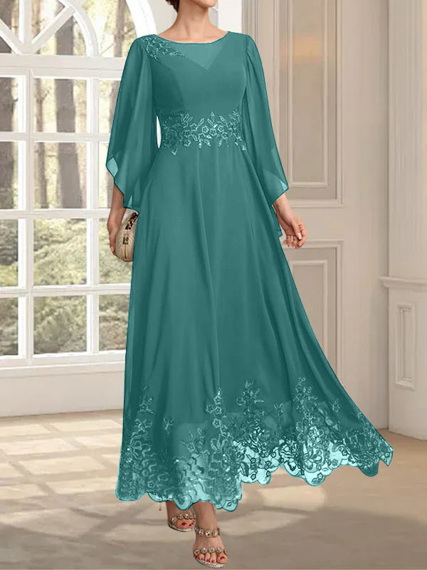 Robe de mère de la mariée en mousseline de dentelle, coupe trapèze, décolleté illusion, longueur cheville, ornée de sequins 