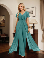 Combinaison-pantalon robe de soirée longue en mousseline à col en V