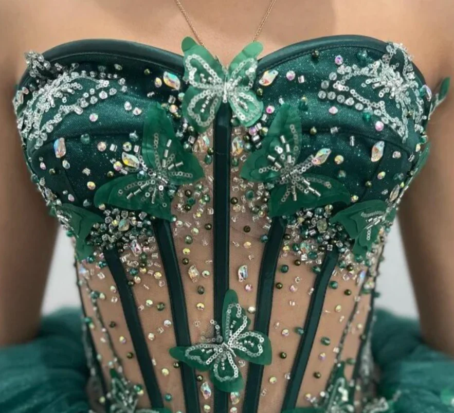 Vestido de baile de tul verde con mariposas, vestido para quinceañera, vestido verde Y2344