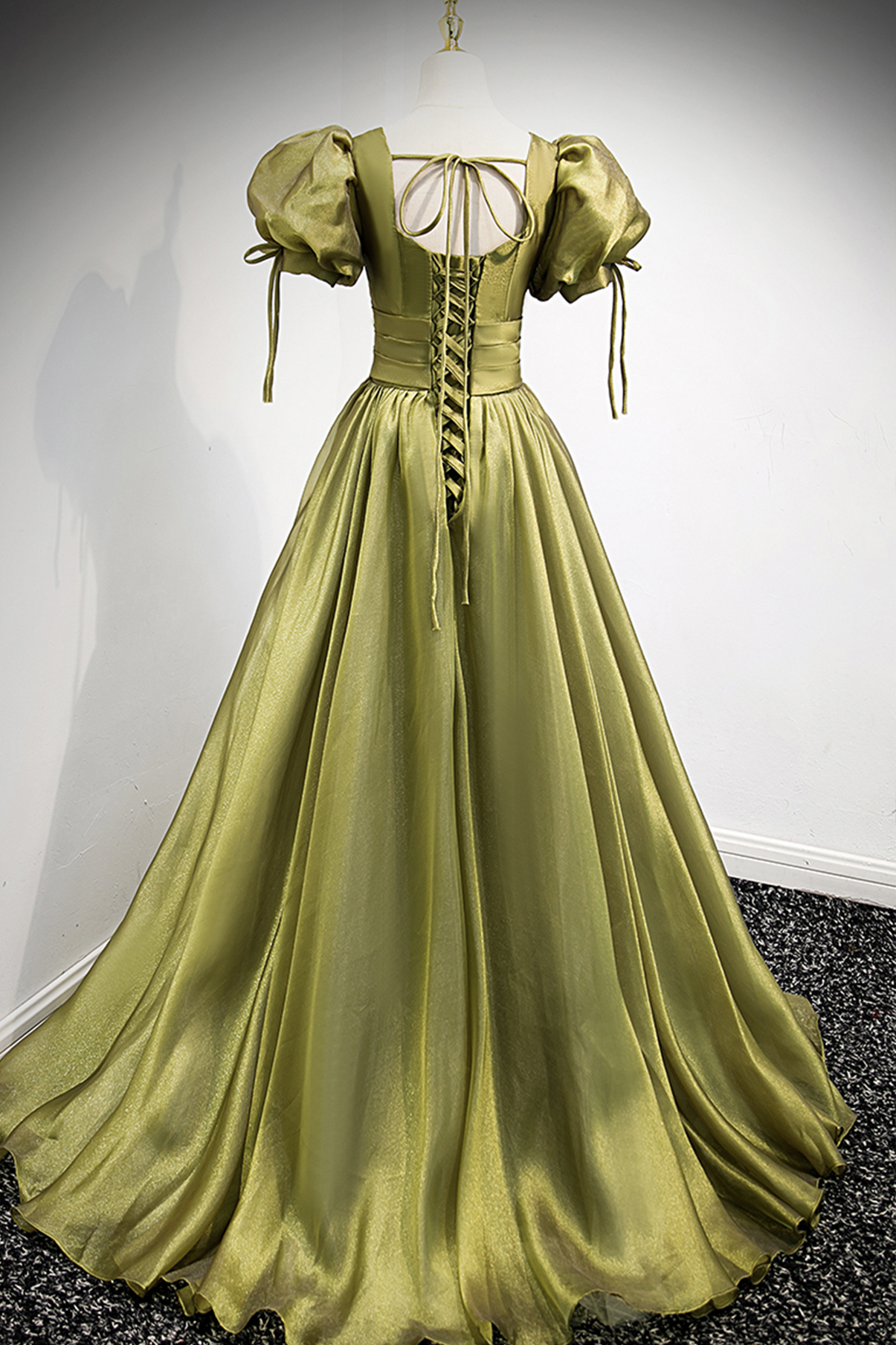 Vestido largo de fiesta de tul verde con escote en V, corte en A, modelo Y898