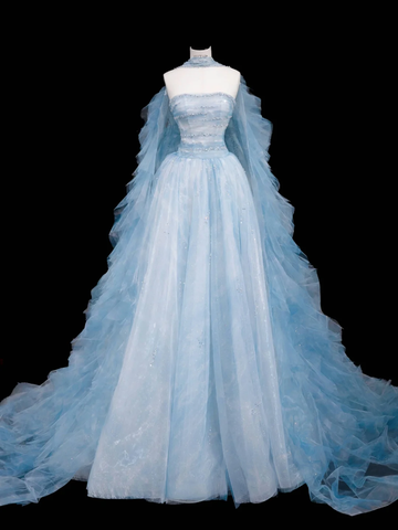 Vestido de fiesta largo de noche de corte A, tul azul sueño con cuentas Y8691