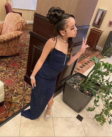 Navy Blue Sequin Long Prom Dresses Sheath Evening Dress Y7451