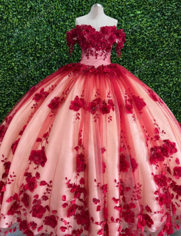 Robe de bal de quinceañera sur mesure en dentelle rouge à fleurs 3D, épaules dénudées, référence Y6956
