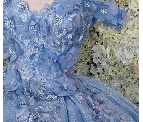 Vestido de gala azul con hombros descubiertos, vestido de graduación brillante con flores S26908