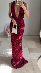 Gorgeous Deep V Burgundy Rose Flowers Sheath Long Prom Dress Evening Dress Y8504