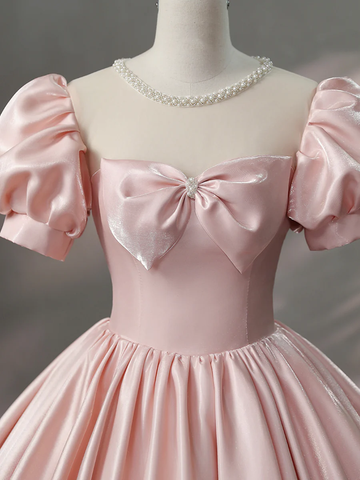 Beautiful Pink Scoop Neck Satin Floor Length Prom Dress A-Line Short Sleeve Evening Dress with Bow Y6082