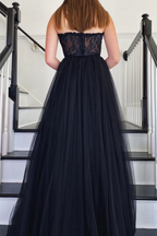 Vestido largo de fiesta de tul y encaje negro sin tirantes, vestido formal de encaje negro, vestido de noche negro Y205