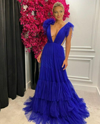 Robe de soirée sexy en tulle à volants, décolleté plongeant en V, dos nu, traîne froncée, découpes latérales, coupe trapèze, plissée, Y4698