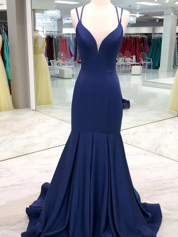 Robe de bal sirène bleu marine foncé à col en V, robe de soirée longue sirène bleu marine Y234
