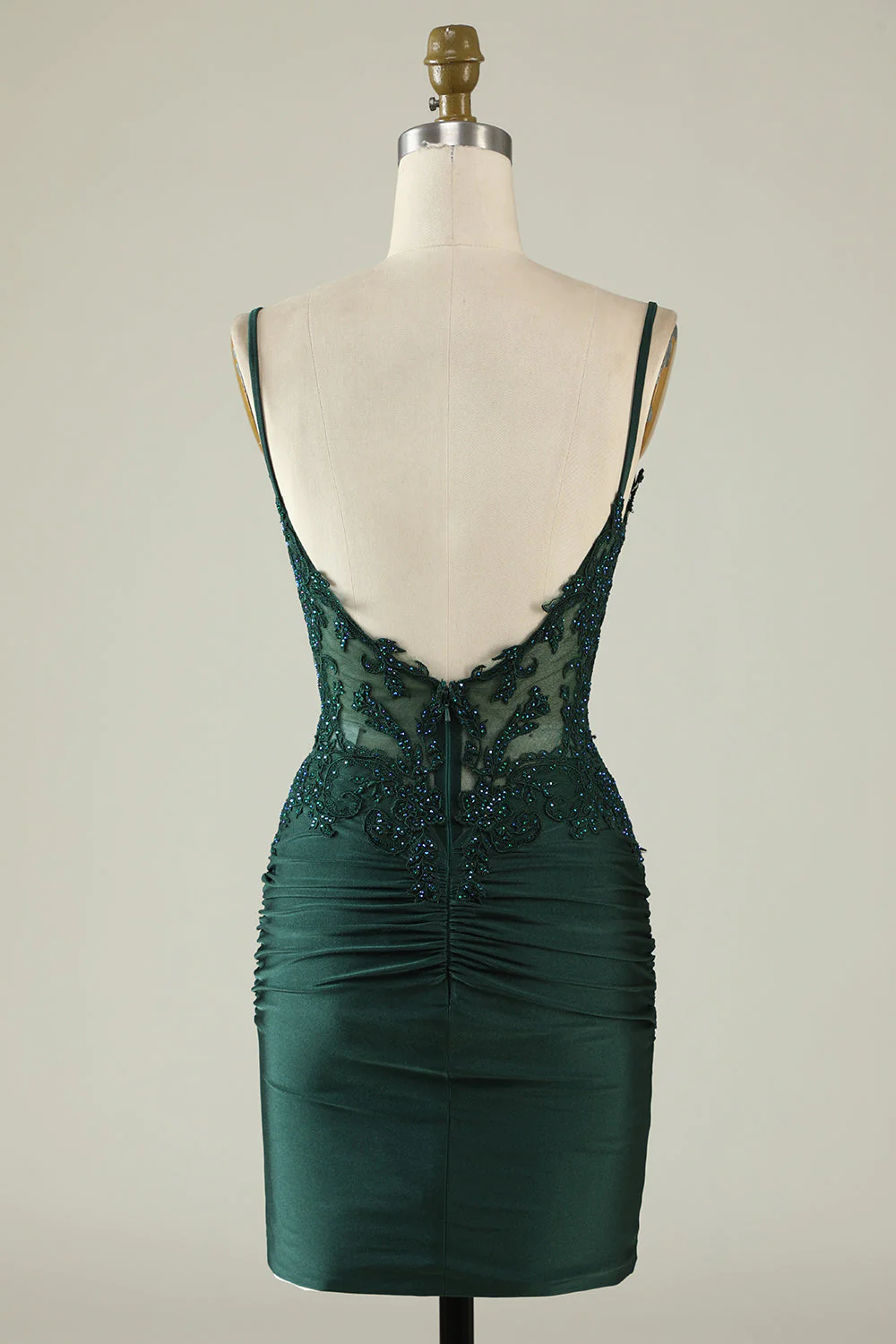 Vestido de fiesta verde oscuro ajustado con escote en V, plisado y con apliques Y2660