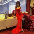 Robe de bal rouge sirène sexy à bretelles et plumes, robe de soirée longue Y7901
