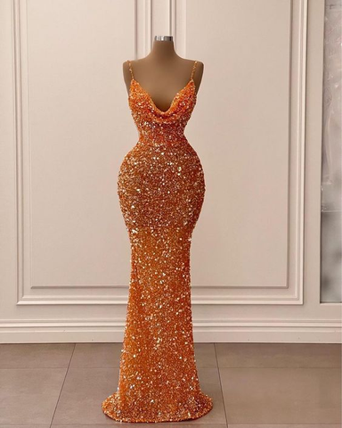 Vestido de noche brillante con tirantes finos, vestido de sirena naranja con purpurina para baile de graduación Y6105