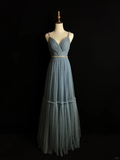 Robe de soirée trapèze en tulle bleu clair ornée de perles, bretelles spaghetti, col en V, modèle Y8649