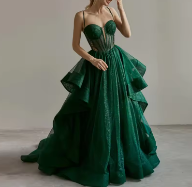 Sparkly Evening Dress Green Corset A-line Evening Gown Y6339