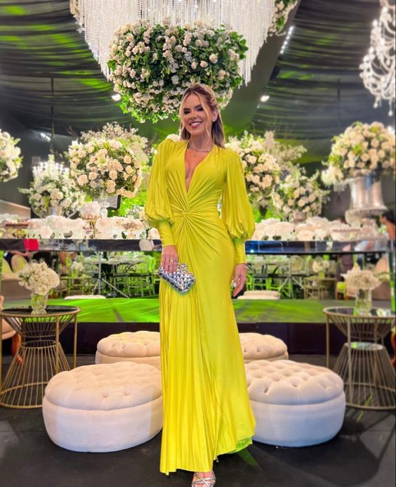 Vestido de noche de mujer con escote en V, manga larga tipo farol Y5589