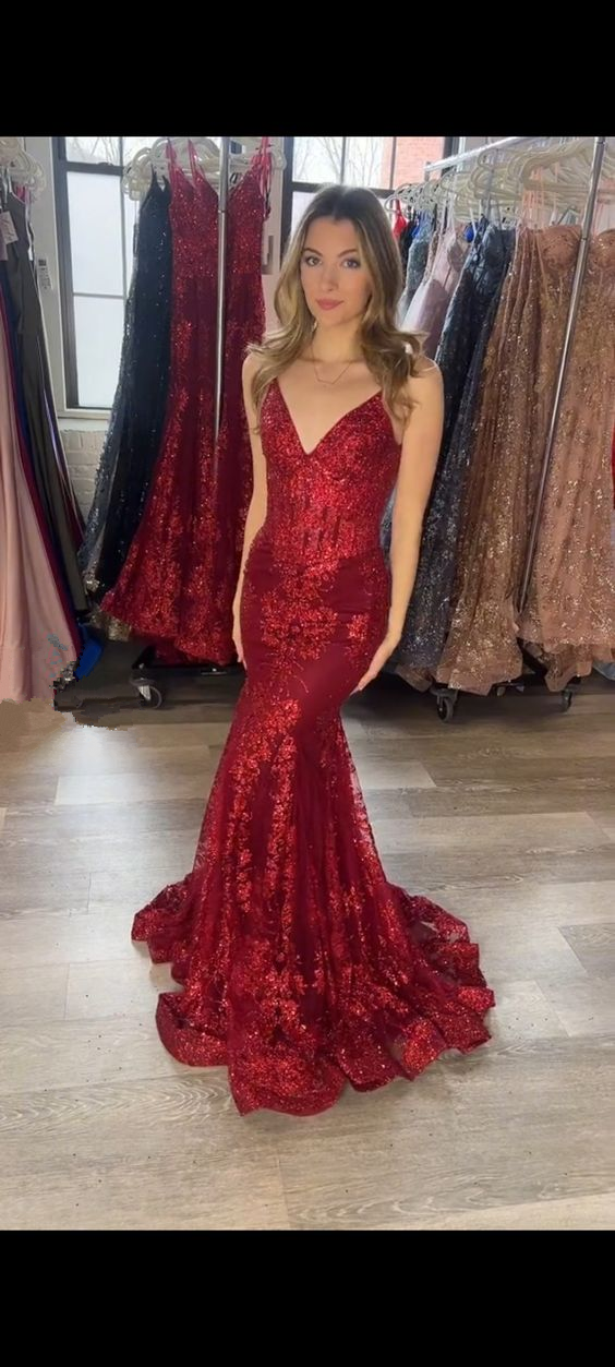 Vestido de fiesta sirena rojo con escote en V, vestido de noche rojo Y5967