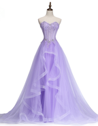 Vestido largo de noche de encaje lila claro de New Sweet Banquet. Elegante vestido de novia sin tirantes, corte en A, para baile de graduación o fiesta formal (Y1845).