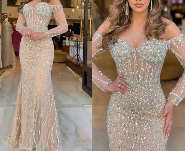 Vestido de fiesta largo de tul con escote corazón, sin tirantes, con cuentas, corte sirena, modelo Y7629