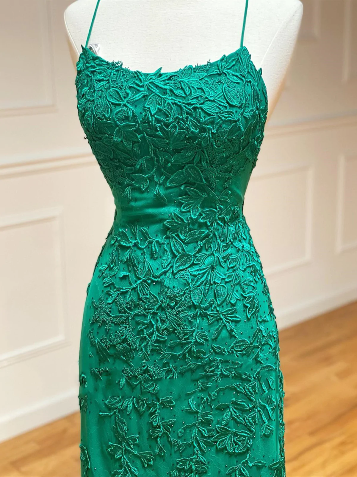 Vestidos de fiesta de sirena verdes con encaje y espalda descubierta, vestidos de noche formales de sirena verdes con encaje y espalda abierta Y1365