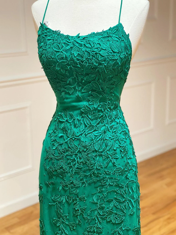 Vestidos de fiesta de sirena verdes con encaje y espalda descubierta, vestidos de noche formales de sirena verdes con encaje y espalda abierta Y1365