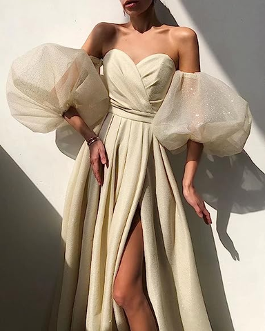 Robe de bal longue à manches bouffantes et fente, ornée de paillettes, style féerique romantique, Y2420