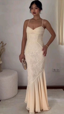 Vestido de noche sexy de gasa y encaje con tirantes finos, estilo sirena, para fiesta o graduación Y8077