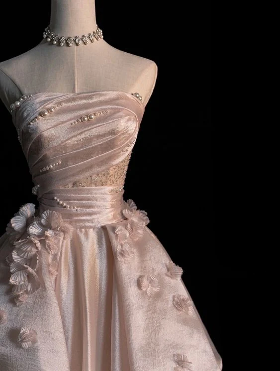 Vestido de noche de tul rosa sin tirantes, corte en A, estilo glamuroso Y6761